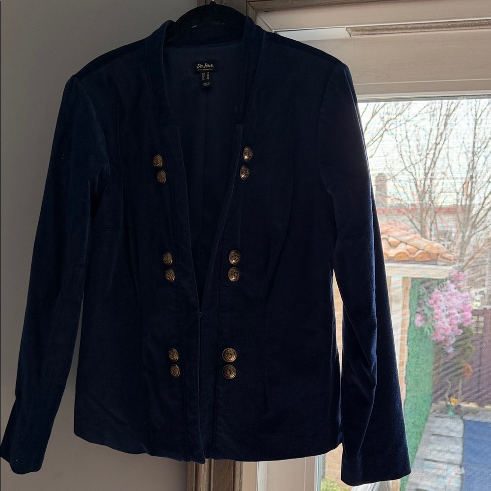Du Jour Navy Velvet Military-Style Blazer with Gold Buttons